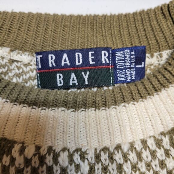 Trader Bay Vintage Argyle Knit Cotton Sweater Crewneck Sage Off White Men's L - Picture 5 of 8
